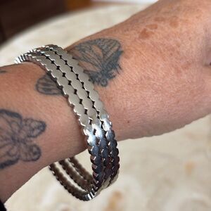 Set of 3 Steel Fancy Cut Bangle Bracelets